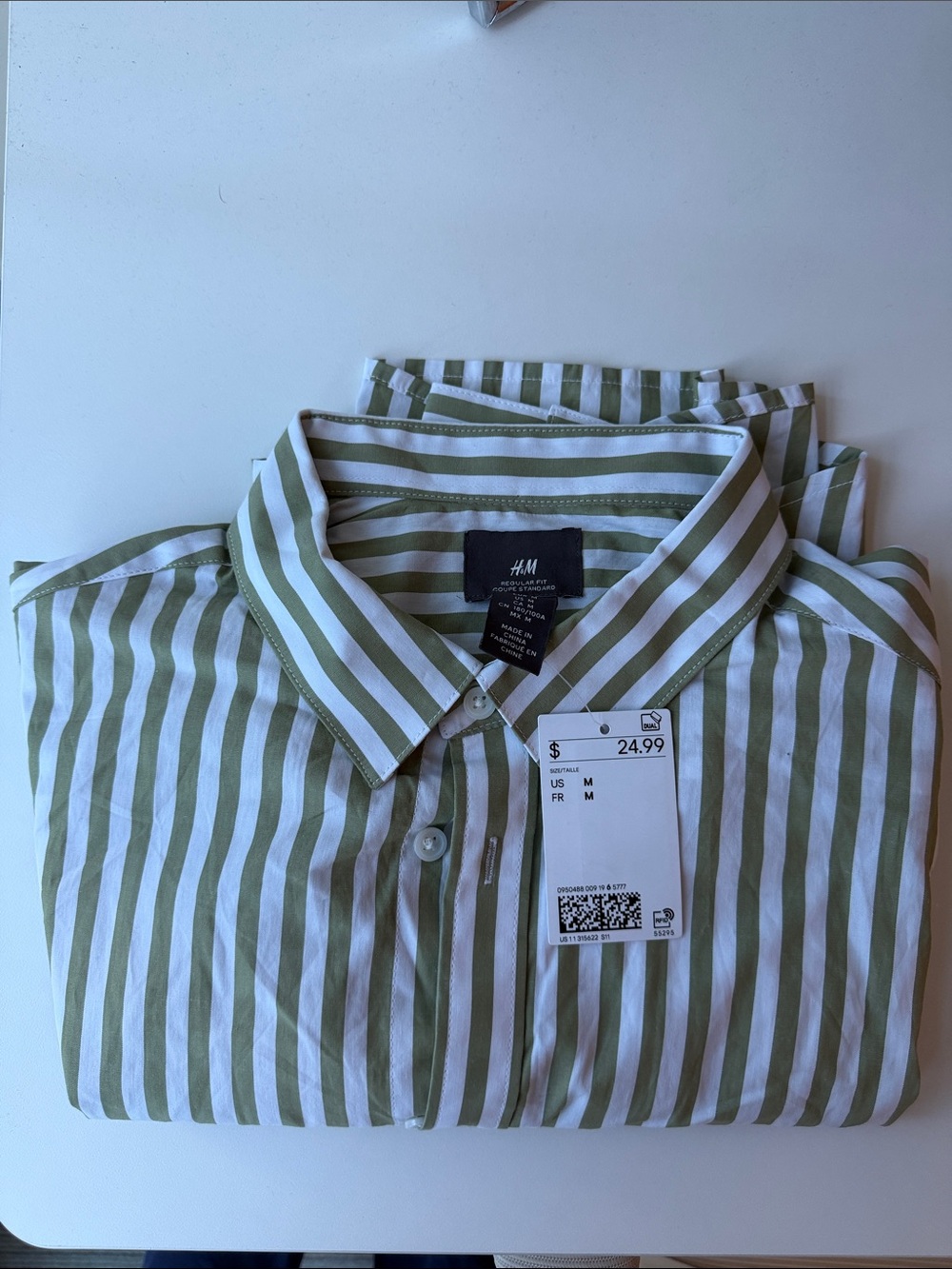🆕 NWT H&M Olive Green and White Vertical Stripe Button-Down Shirt
